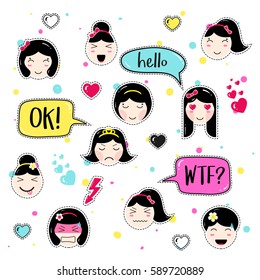 Girl emoji with different emotions and hairstyles. Kawaii emoticons, speech bubbles: hello, ok, wtf. Set of stickers, pins in anime style. Isolated vector illustration.