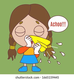 girl emoji says achoo, sneezes his snots or blows his nose using a handkerchief, facial expression vector illustration, hand drawn chibi emoticon, funny cartoon character