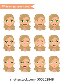 girl emotion face expression icons and beauty girl emotion face vector. Isolated set of girl emotion face avatar expressions face emotions vector illustration. woman emotion face set.