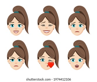 Girl emotion faces cartoon vector illustration. Woman emoji face cute symbols. 