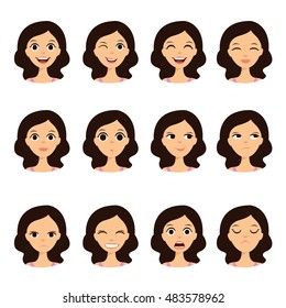 Menina emoção enfrenta ilustração vetorial dos desenhos animados. Mulher emoji rosto símbolos bonitos. Sinal de expressão humana.