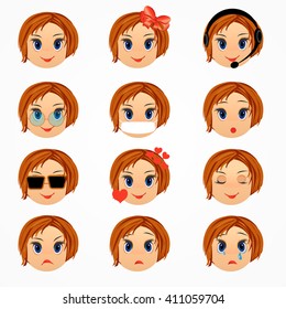 girl emotions  face set. Emoticon smiley faces. Vector cartoon illustration
