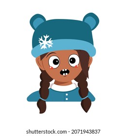 Girl with emotions panic, surprised face, shocked eyes of African American or Latin nationality in bear hat with snowflake. Cute baby with scared expression in winter headdress. Head of adorable child