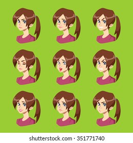 Girl Emotions Set. Cute Girl Face Emotions Vector Illustration Set
