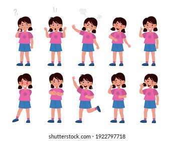 Las emociones de las chicas se ponen. Carácter infantil emocional en diferentes poses, expresión de sentimientos, opciones de humor, lenguaje corporal, feliz e infeliz, sonrisa y tristeza. Colección de personajes de dibujos animados planos