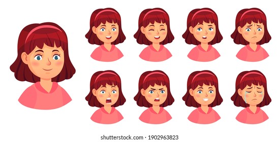 Girl emotions set, female face doubt and horror, girl surprise expression, sad and happy, angry child, confused teenager, vector illustration