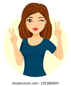 Girl emotions. A young girl playfully shows a gesture of peace. Flat style. Cartoon.