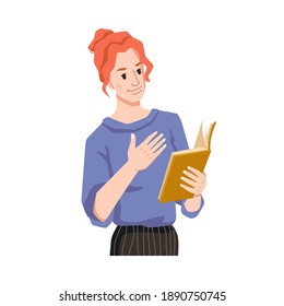 Girl empathizes reading book isolated woman flat cartoon character feeling with book, enjoying novel or poetry. Educated european or american lady with literature in hand, studying or leaning female