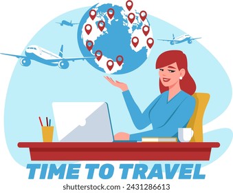 Girl employee of a travel agency offers vacation trip, travel agency reminds you that its time to travel.