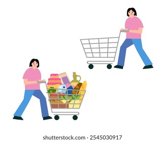 Una chica con un Carrito vacío, una chica con compras. A la tienda de comestibles. Ilustración plana de color simple de Vector.