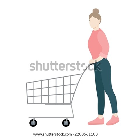 Girl with an empty shopping cart, flat vector, isolate on white, buyer, consumer, faceless