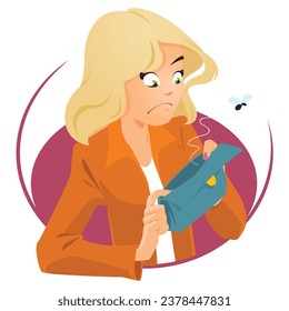 Girl with empty wallet. Funny people. Illustration concept template for website, web landing page, banner, presentation, social, poster, promotion or print media.