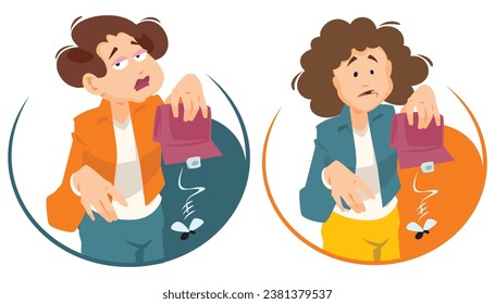 Girl with empty wallet. Funny people. Illustration concept template for website, web landing page, banner, presentation, social, poster, promotion or print media.