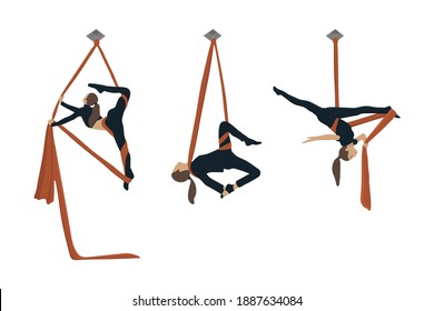 The girl is engaged in aerial acrobatics. Set of stock vector illustrations for your business, scrapbook, magazine.
