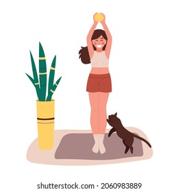 The girl is engaged in aerobics and in the morning performs meditation at home with pets, with a cat, a cat. Physical and spiritual practice. Vector illustration in flat cartoon style.