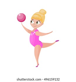 The girl is engaged in art gymnastics and doing exercise with ball.