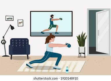 The Girl Is Engaged In Fitness With Dumbbells At Home. A Woman Watches A Fitness Class On TV, A Man Is An Instructor On A Big Screen, The Concept Of A Virtual Gym.  Vector Illustration.