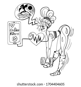 The girl is engaged in fitness online at home, through an app on her phone and dreams of the sea. Home training in a pandemic environment.Linear style, isolated vector objects.For a fitness blog .