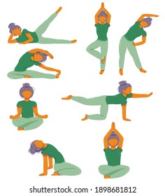 the girl is engaged in fitness. set of eight yoga poses. stretching exercises. mascot. sports concept. vector isolated.