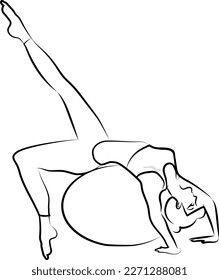 The girl is engaged in fitness. She lies on her back on an exercise ball, black contour with thinning.