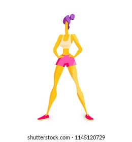 Girl is engaged in fitness Sports training Young strong woman performs physical exercises Beautiful body Healthy lifestyle Isolated character on a white background Vector illustration