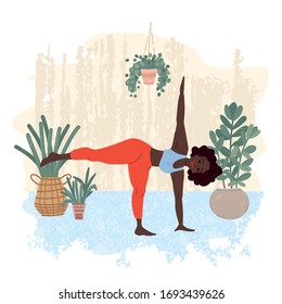 The girl is engaged in fitness and stretching, an exercise for the body. Black  girl. Urban Jungle. Human health care. Yoga online, sports lesson from the apartment. Vector illustration.