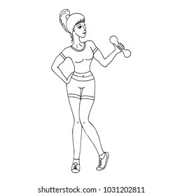 The girl is engaged in fitness. Woman with dumbbells exercising. Cartoon coloring illustration