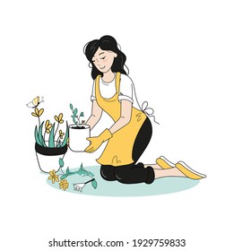 The girl is engaged in gardening in her garden. Plants the prepared seedlings. Doodle-style drawing.