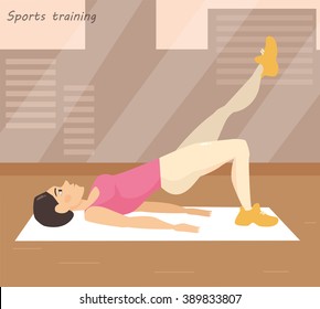 Girl is engaged in gymnastics in the gym. Vector isolated illustration. Cartoon character