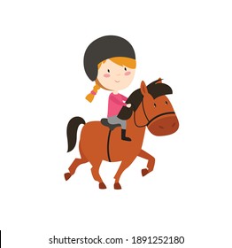 The girl is engaged in horse riding. The girl rides a horse. Lesson with resistance. The child goes in for sports. Hobby