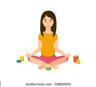 The girl is engaged in the lotus position in yoga and meditation, in a quiet cozy atmosphere, with candles. Vector illustration. Can be used as banner, commercial materials.