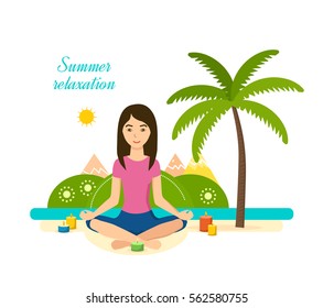 The girl is engaged in the lotus position in yoga and meditation, rest and recuperate, tropical summer, outdoors, with candles. Vector illustration. Can be used as banner, commercial materials.