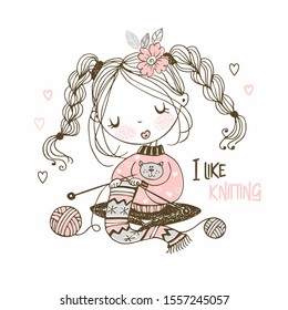 The girl is engaged in needlework knitting a scarf. Vector.