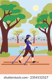 Girl ist mit Nordic Walking in einem Sommerstadtpark beschäftigt.  Frauen Training Nordic Walking mit Skitouren am Flussufer. Aktive Erholung im Freien. Illustration in einem flachen Cartoon-Stil.