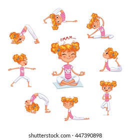 Girl engaged in physical exercises. Children fitness. Yoga kid. Gymnastics for children. Plays sports. Funny cartoon character. Vector illustration. Isolated on white background. Set