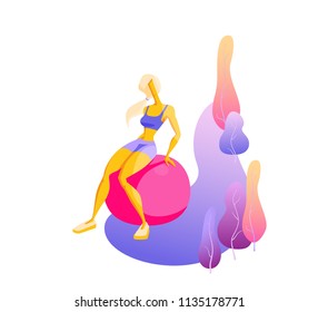Girl is engaged in pilates, doing exercises with gymnastic ball Trendy flat vector on gradient background with trees Illustration for web, websites, lending pages, advertising banners, posters, flyers