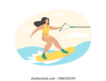 Girl engaged in sapperfing. Artificial surfing vacation. Woman in swimsuit jumps over waves on board holding boats cable. Extreme fun with water adrenaline. Vector flat illustration isolated