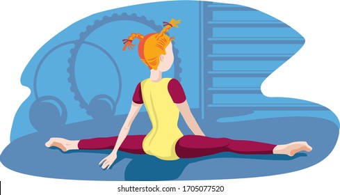 the girl is engaged in sports, doing splits on the floor in the gym