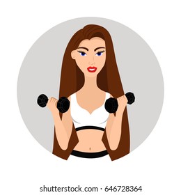 the girl is engaged in sports. exercises with dumbbells. vector illustration icon.