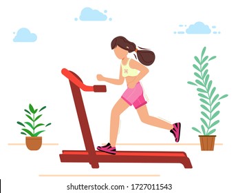 The girl is engaged in sports running on a treadmill. The concept of a healthy lifestyle. . cartoon character. Vector illustration in modern flat style.