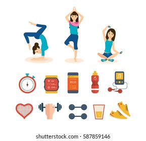 Girl engaged in sports and yoga, taking different positions, adhering to a healthy lifestyle and diet, taking vitamins, drinks, making sure health. Vector illustration isolated on white background.