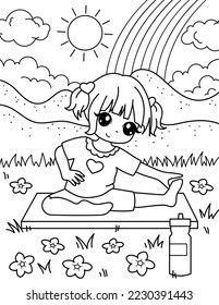 
The girl is engaged in stretching and yoga on the grass. Coloring book with a girl gymnast. Sport. Black and white vector illustration.