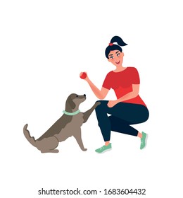 The girl is engaged in training her pet. Playing ball with a dog. Caring and caring for a puppy. Vector illustrationVector