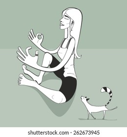 
the girl is engaged in yoga with a cat. vector illustration. Flexible cat practicing yoga.