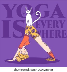 The girl is engaged in yoga with cute cat. Violet background. Vector flat illustration.