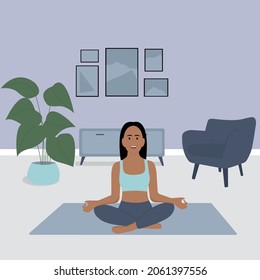 The girl is engaged in yoga, meditates at home. Flat vector illustration
