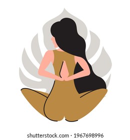 The girl is engaged in yoga. Meditation and stretching trainings, yoga studio. Vector illustration. 