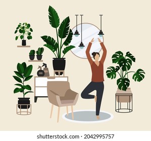 The girl is engaged in yoga. Modern stylish interior. Vector flat illustration. Indoor flowers and plants.