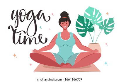 The girl is engaged in yoga , on the background of a flower, lettering. Vector illustration