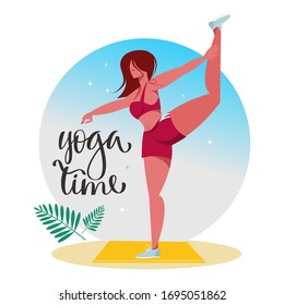 The girl is engaged in yoga , on the background of a flower, lettering. Vector illustration